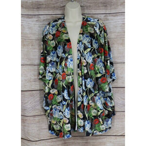 Umgee Womens Size S/M Open Front Floral Duster 3/4 Sleeve Bright Black Multi